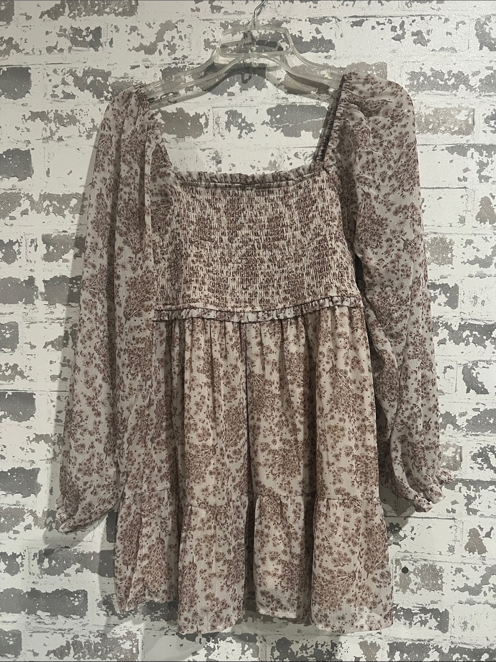 NWT - Altar'd State Taupe Floral Smocked Square-Neck Peasant Tunic